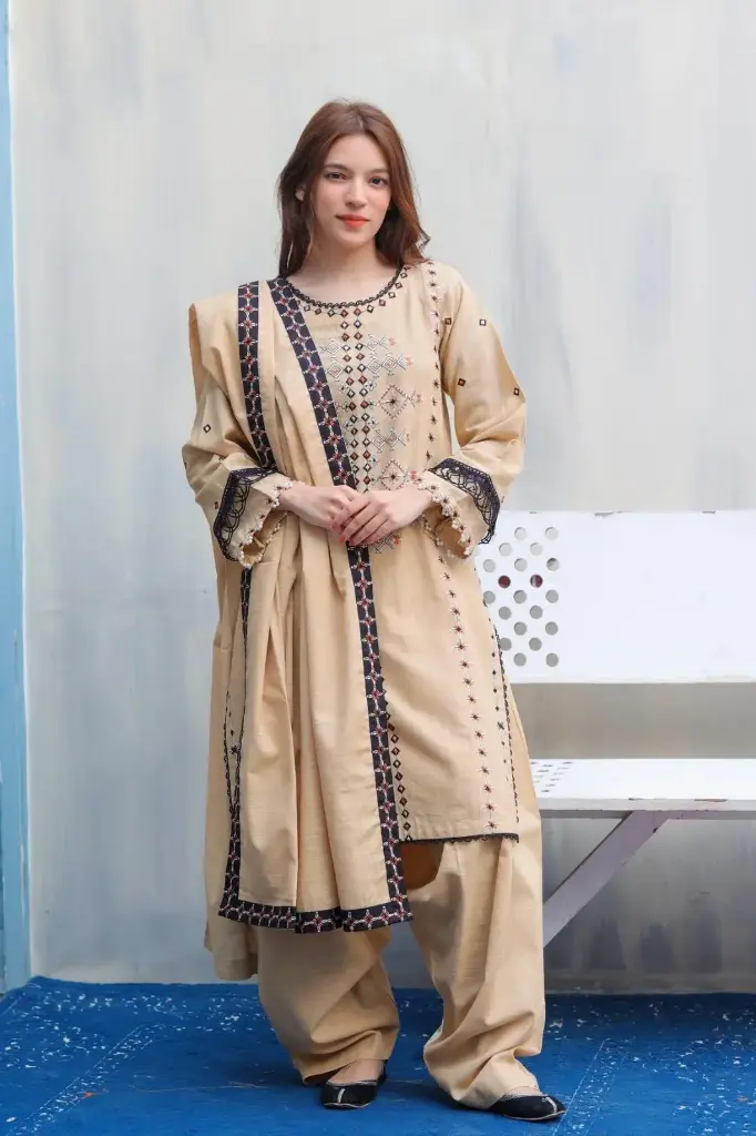 Embroidered Cotton 3 Pcs Stitched Suit for Women – Beige Color