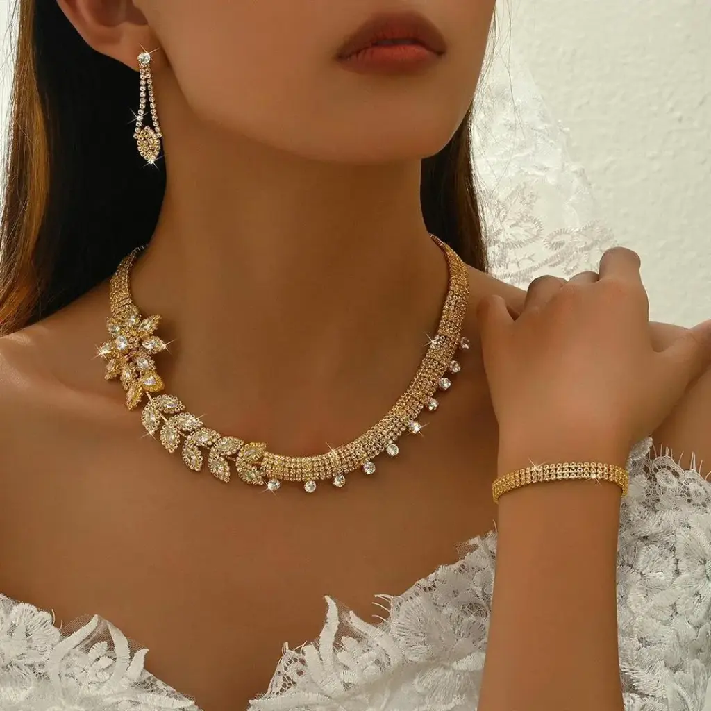 Gold Plated Jewelry Set - Dubai Diamonds Zircon Necklace, Bracelet, Ring & Earring Set
