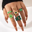 6 Pcs Set of Gold Rings with White Daisy Flower & Green Stones – Alloy Rings for Women
