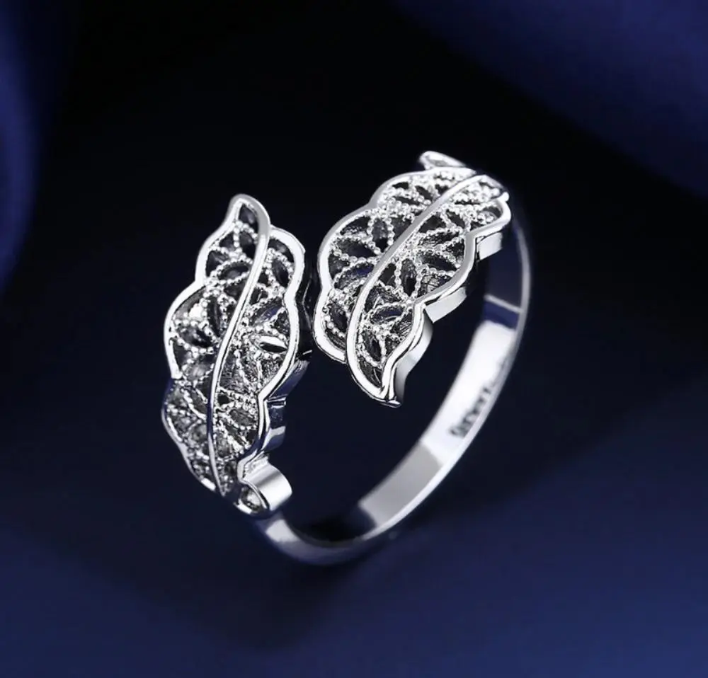 Leaf Design Silver Plated Zircon Adjustable Ring for Women