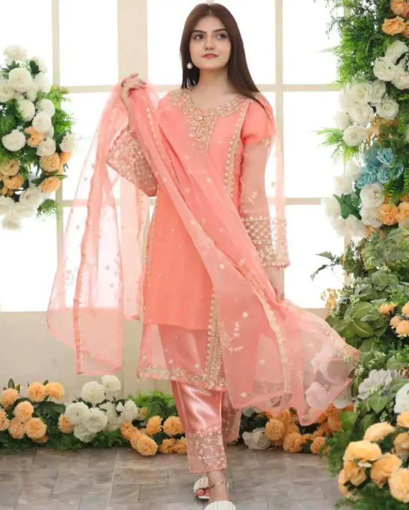 Embroidered Organza Women's Suit Set – 3 Pcs in Peach