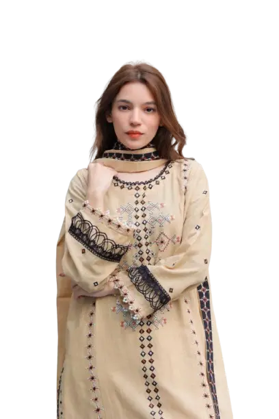 Embroidered Cotton 3 Pcs Stitched Suit for Women – Beige Color
