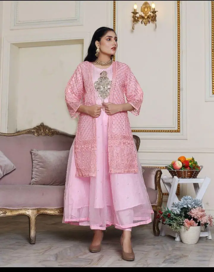 Stunning 3-Piece Women's Stitched Embroidered Pink Organza Maxi Suit – Boat Neck