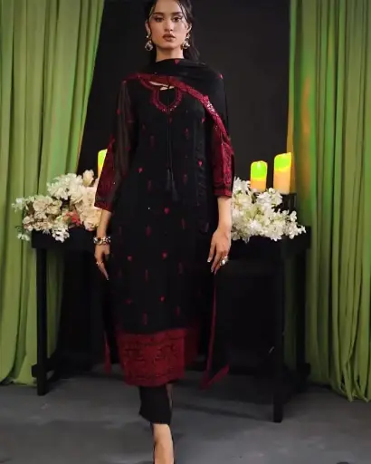 Baroque Replica 3-Piece Women's Unstitched Chiffon Suit - Black Sequins Embroidered