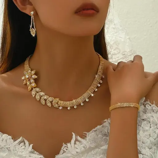 Gold Plated Jewelry Set - Dubai Diamonds Zircon Necklace, Bracelet, Ring & Earring Set
