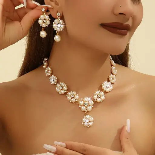 3-Piece Vintage Luxury Faux Pearl Rhinestone Clavicle Chain Necklace & Earrings Set
