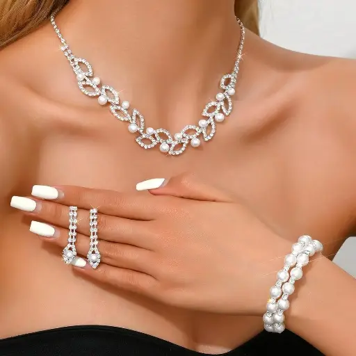 European & American Fashion Rhinestone Full Diamond Necklace, Earrings & Bracelet Set