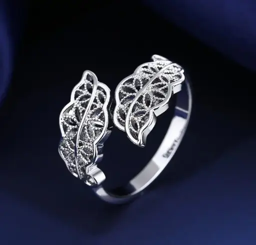 Leaf Design Silver Plated Zircon Adjustable Ring for Women