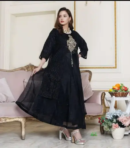 Elegant 3-Piece Black Embroidered Organza Maxi Suit for Women – Boat Neck Design